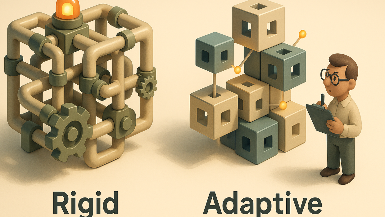 A conceptual illustration comparing a rigid, tangled system structure to a modular, adaptive one, representing constrained versus flexible custom software architecture.